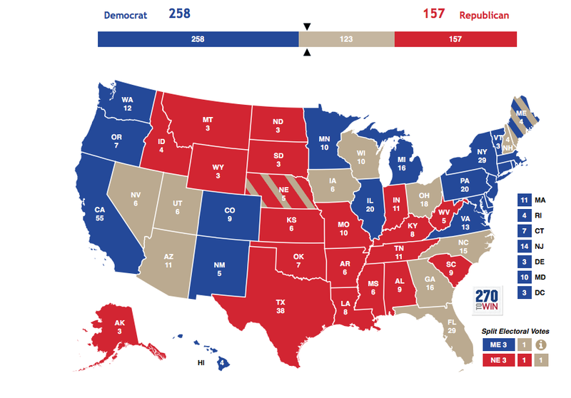 Los estados con su número de representantes. En marrón: los swing states (pueden variar). Imagen: 270towin